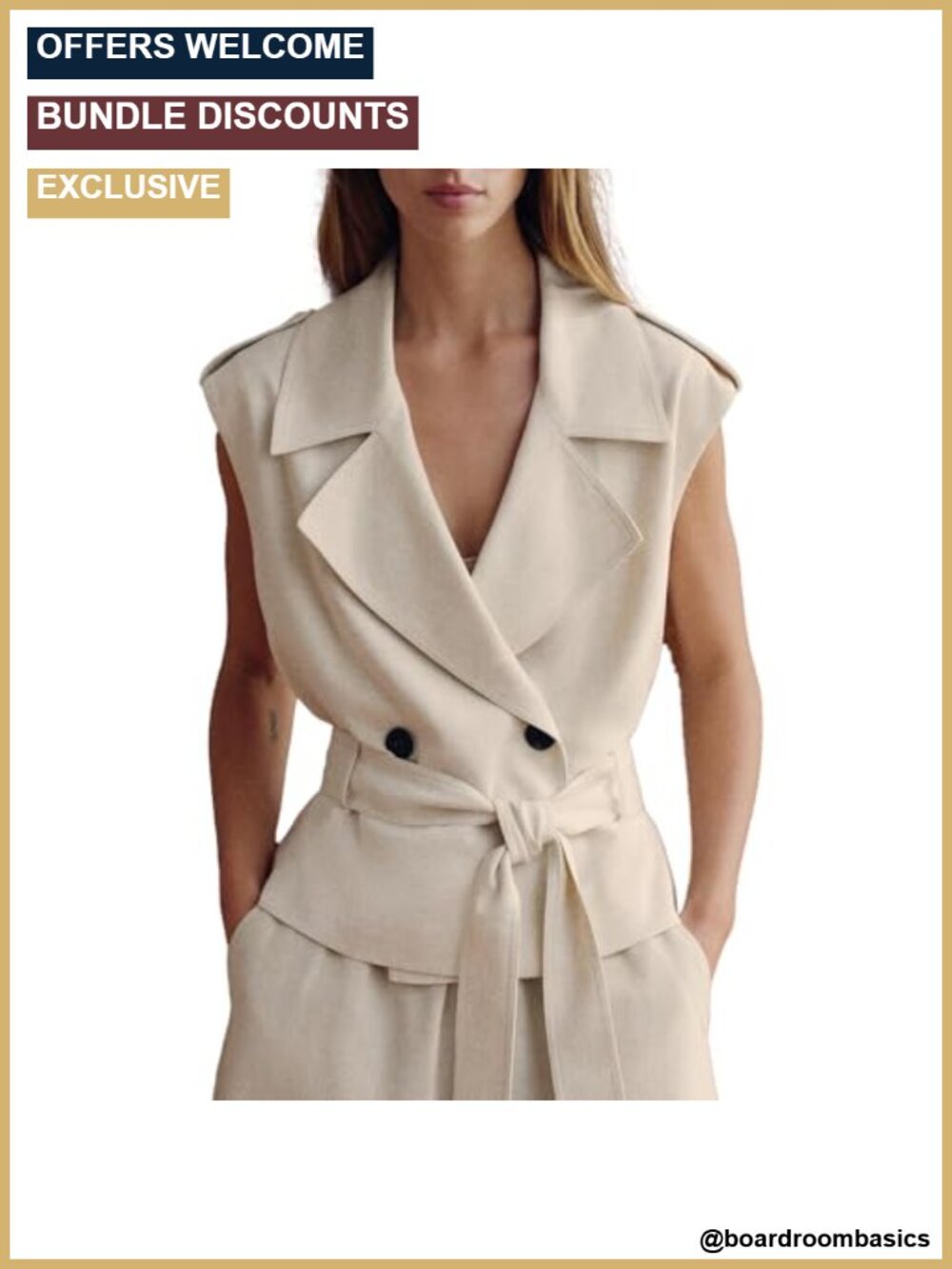 Womens Linen Blend Double Breasted Tank Top Belted Business Vest